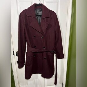 Topman burgundy peacoat with belt